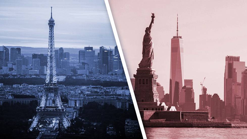 Yhdysvaltojen talous selviää kriiseistä helpommin kuin Euroopan. Kuvat Pariisista Ranskasta ja New Yorkista Yhdysvalloista.