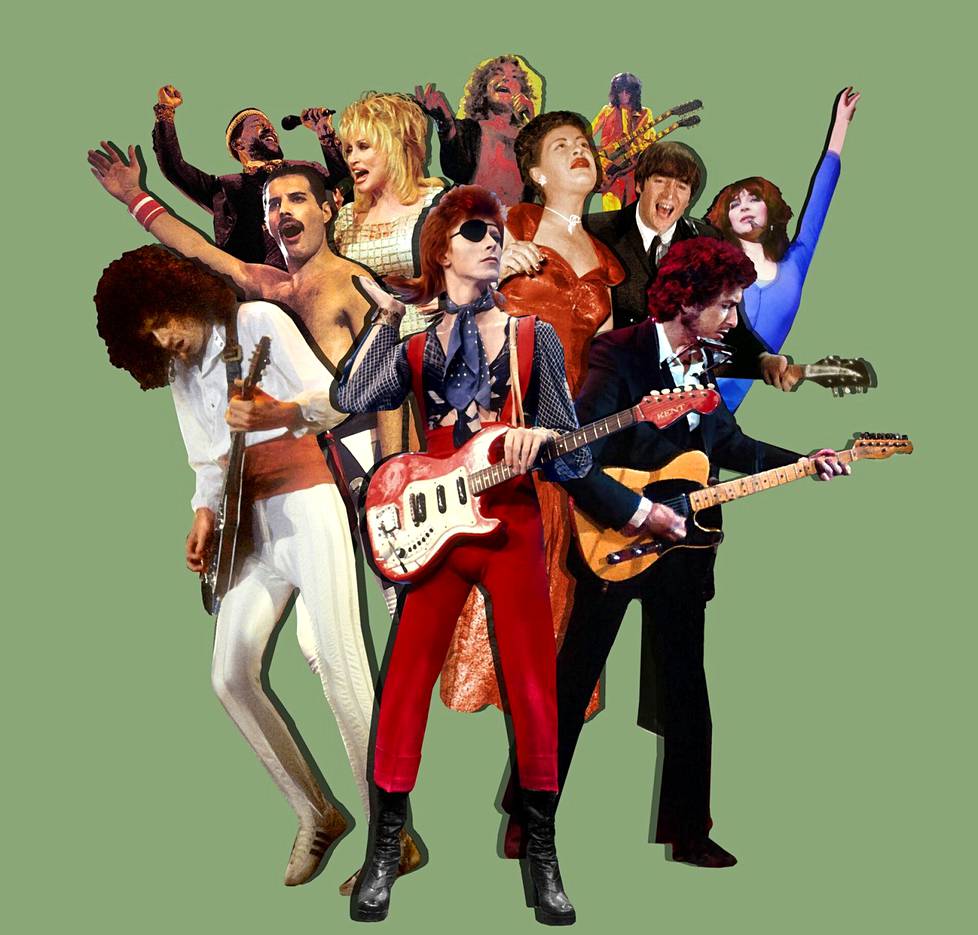 Brian May, Freddie Mercury, Marvin Gaye, Dolly Parton, David Bowie, Robert Plant, Jimmy Page, Billie Holiday, John Lennon, Kate Bush, Bob Dylan.