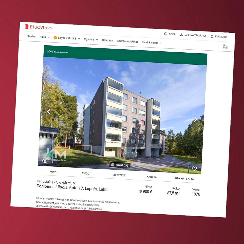 Kuvakaappaus Lahdessa sijaitsevan asunnon myynti-ilmoituksesta kertoo hintojen laskusta Asunto oy Lahden Tornantalot -taloyhtiössä.