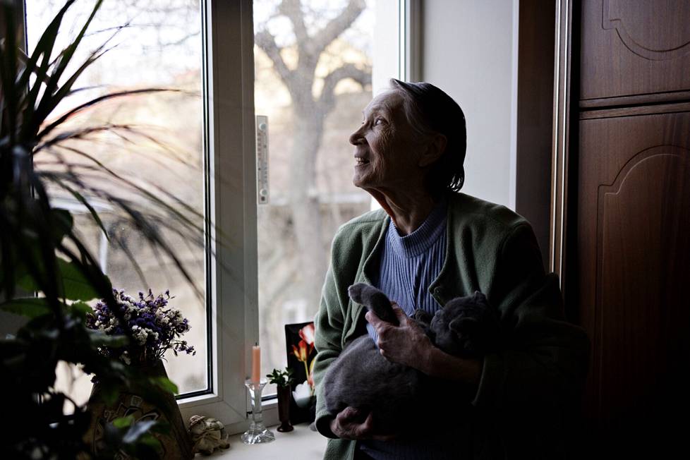 Eläkkeellä oleva venäjänopettaja Tamila Ilnitska, 80, kissa sylissään olohuoneensa ikkunassa. Jotkut naapurit ovat peittäneet ikkunansa sirpaleiden pelossa, mutta Ilnitska ei ole jaksanut. 
