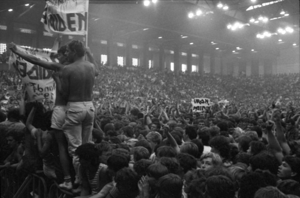 The audience gathered for Iron Maiden's concert at Warsaw's Torwar Hall on August 9, 1984. It was the first performance of the tour.