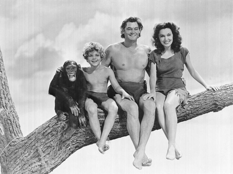 Cheetah-simpanssi on Tarzan-elokuvien rakastetuin eläinhahmo. Simpanssin vierellä istuvat Johnny Sheffield, Johnny Weissmüller ja Maureen O’Sullivan.