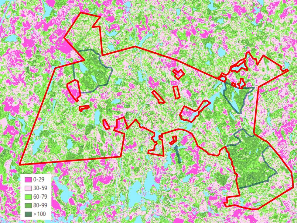 Kartta kertoo, minkä ikäisiä metsiä Evon retkeilyalueella on. Pinkit alueet ovat alle 30-vuotiaita ja vihreät yli 60-vuotiaita. Punainen viiva näyttää suunnitellun kansallispuiston rajat. Vihreät rajat näyttävät vanhojen metsien suojelualueet. Lähteet: Valtion metsien inventointi ja John Loehr, Lammin biologinen asema.