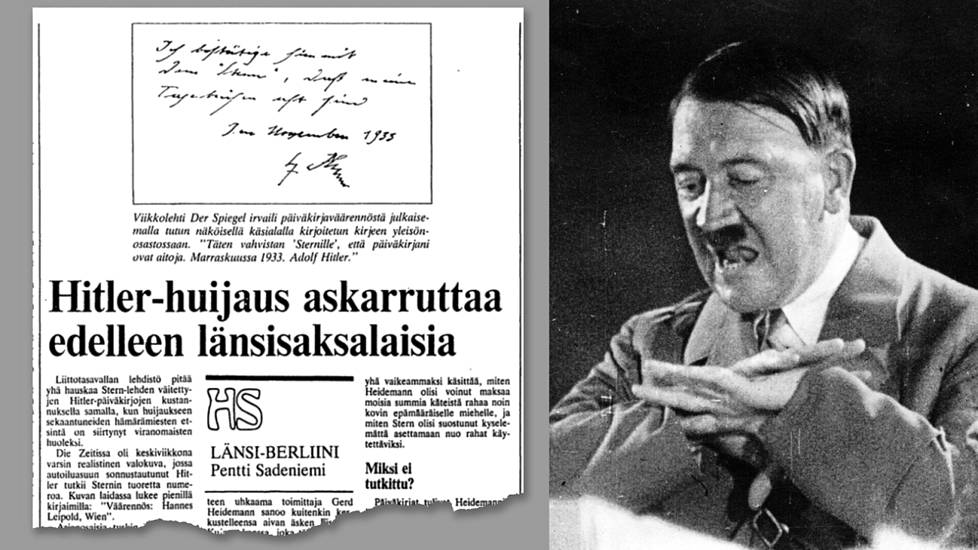 Hitler-päiväkirjaväärennöksen uutisointia Helsingin Sanomissa 12. toukokuuta 1983.