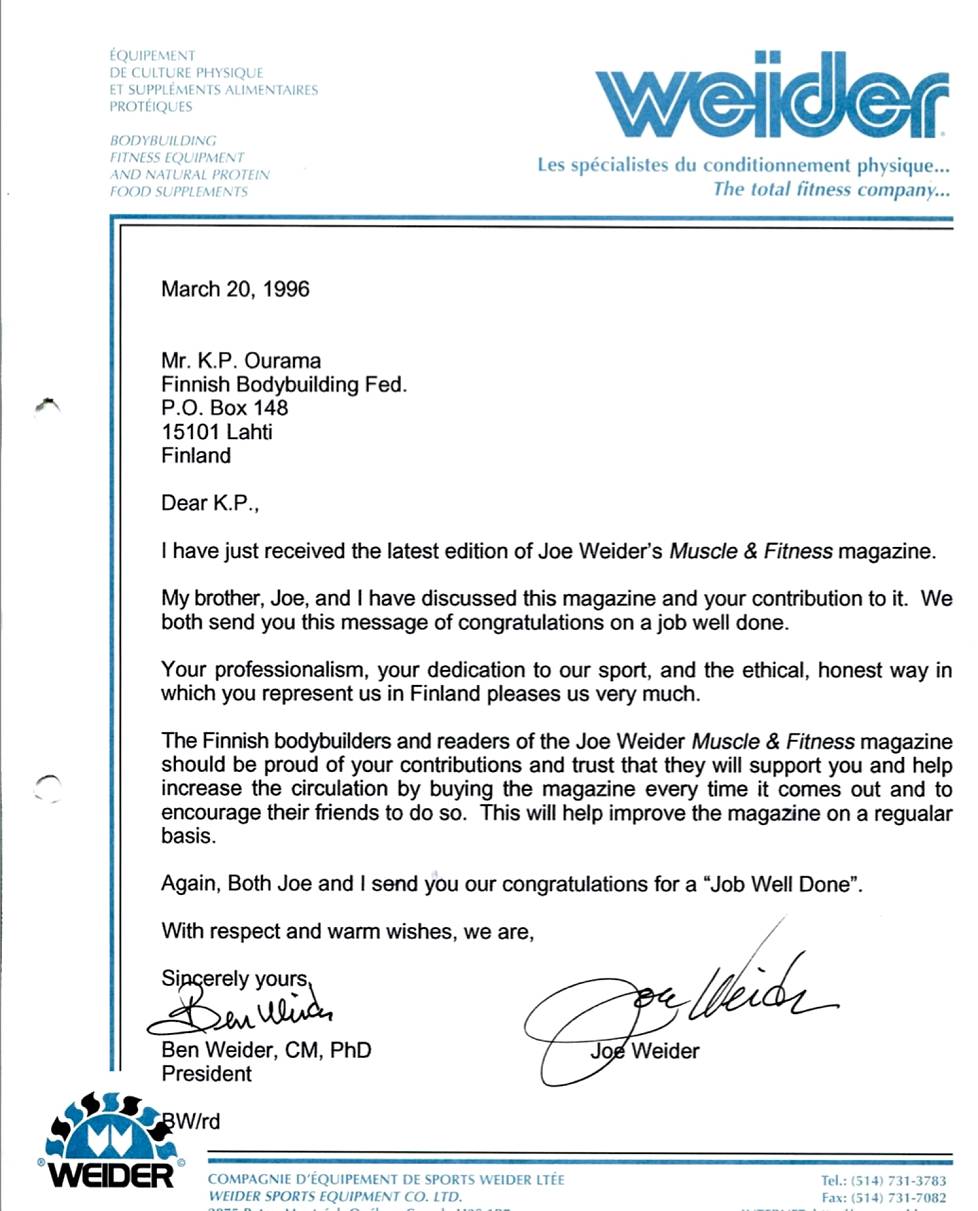 Ben and Joe Wider sent a letter of encouragement to KP Ourama in March 1996.