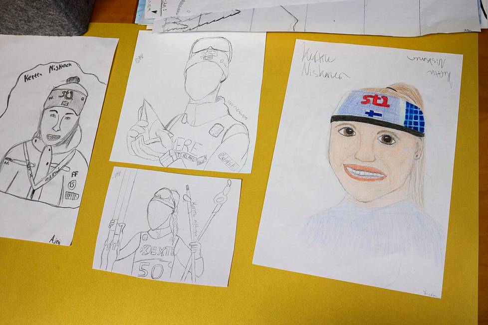 The students of the southern school have drawn pictures of Kerttu Niskanen during the art class.