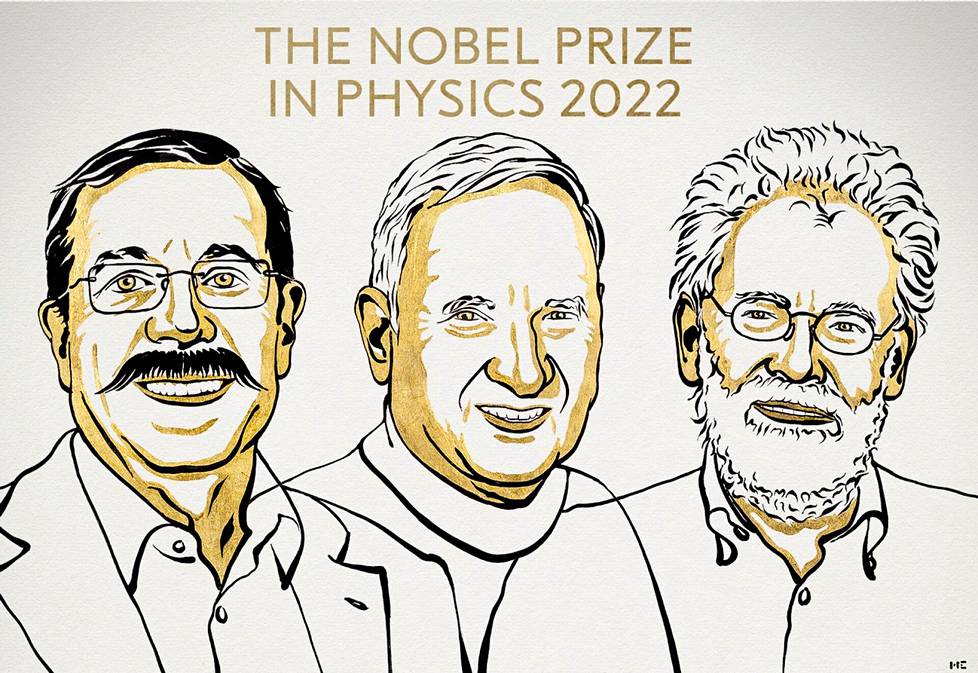 Alain Aspect, John Clauser ja Anton Zeilinger Nobel-komitean julkistamassa piirroskuvassa.