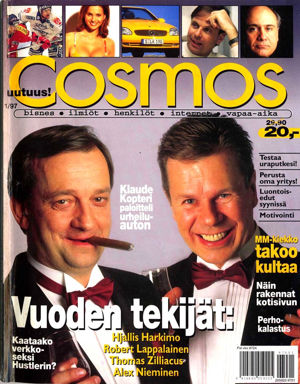 Thomas Zilliacus lyhytikäisen miesten tyylilehti Cosmoksen kannessa oikeassa ylänurkassa näyttelijä Danny DeViton vasemmalla puolella.