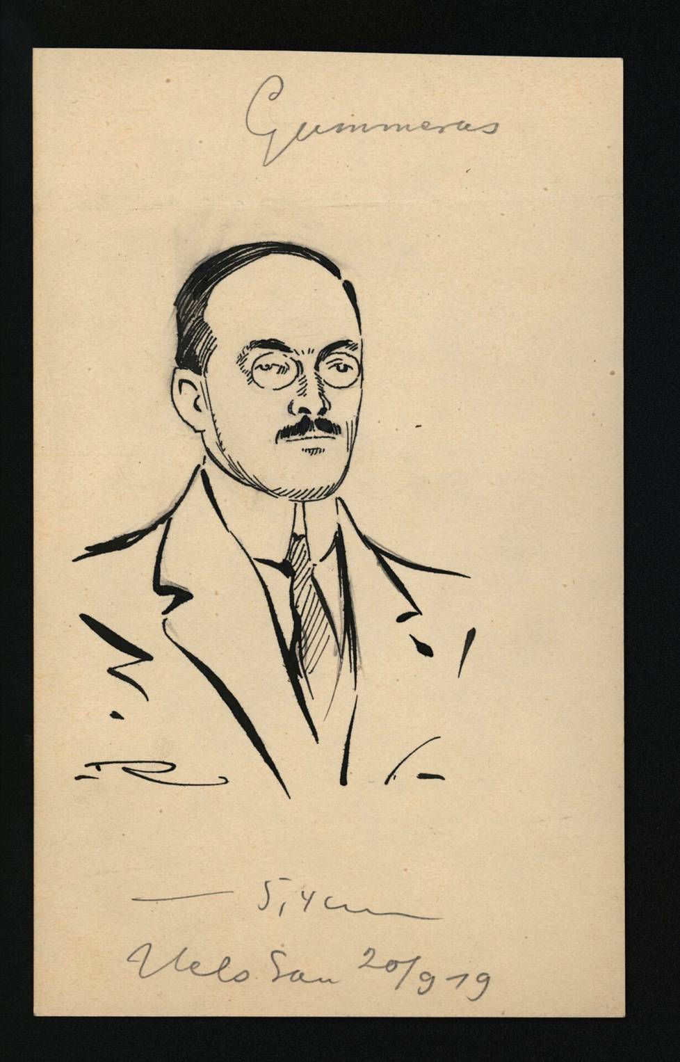Herman Gummerus vuonna 1919. Piirros on Päivälehden arkistosta, ja se on Helsingin Sanomain uutispiirtäjän Rafael Rindellin käsialaa.