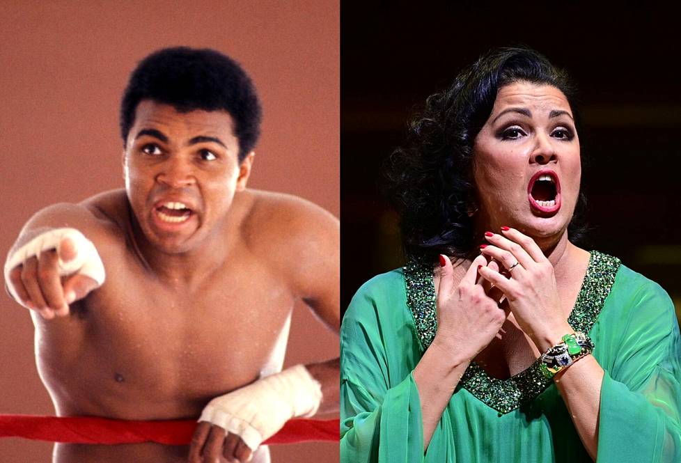 Muhammad Ali harjoitussalilla Floridassa vuonna 1970 ja Anna Netrebko oopperalavalla Prahassa vuonna 2021.
