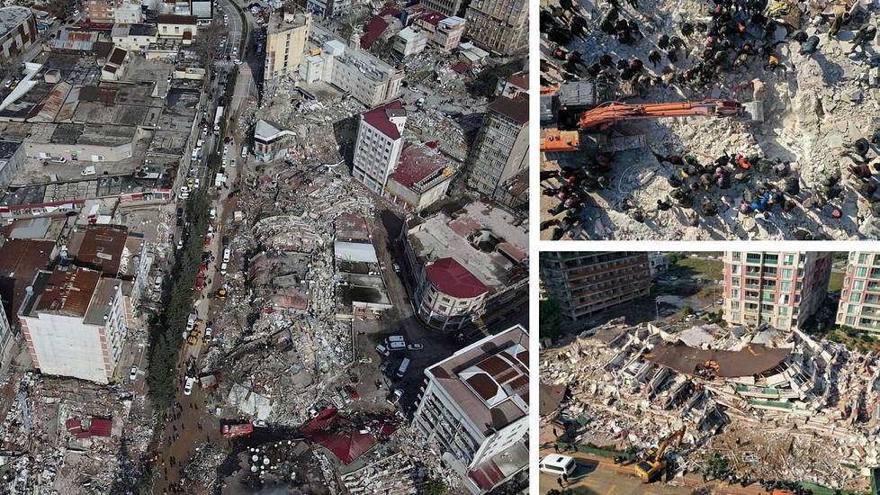 Maanjäristyksen jälkeensä jättämää tuhoa Turkin Kahramanmaraşissa, Syyrian Aleppossa ja Turkin Hatayssa.