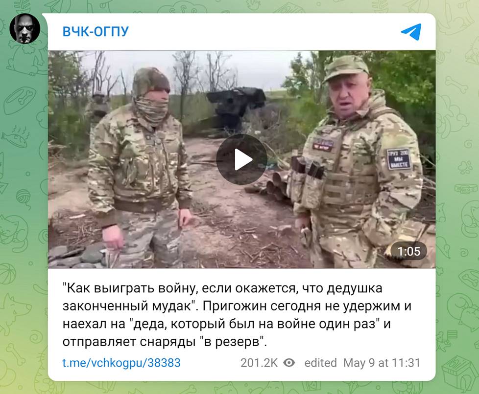 Kuvakaappaus Telegram-kanavalla tiistaina voitonpäivänä julkaistusta Jevgeni Prigožinin videopostauksesta.