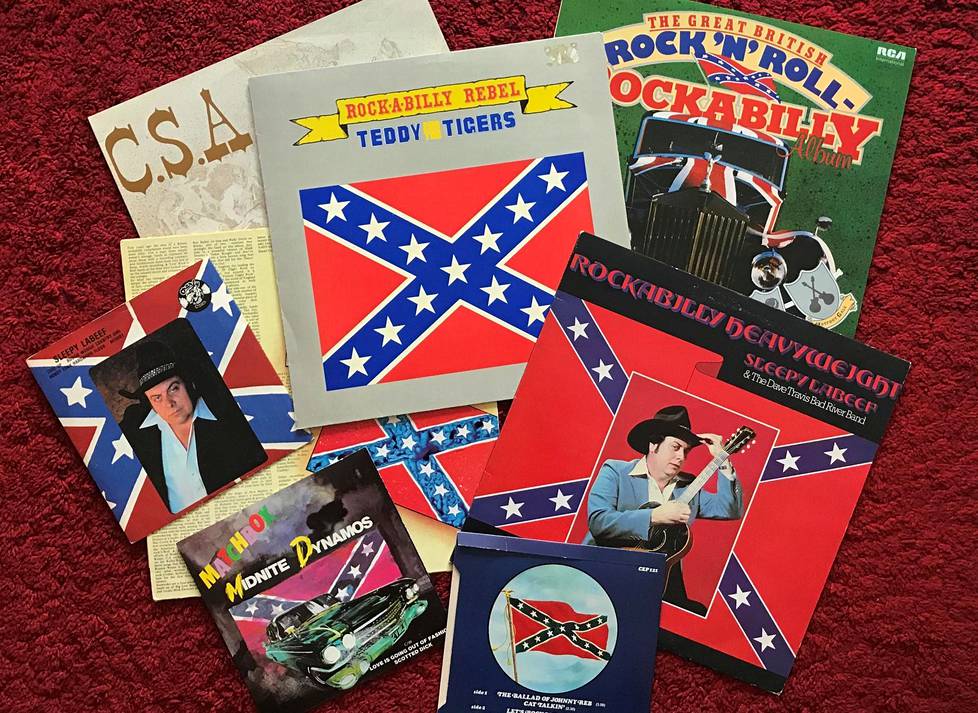 Monien Suomessa ja Englannissa vuosina 1978–82 julkaistujen rockabillylevyjen kansissa oli etelävaltioiden lippuja. Suomalaisen Teddy & The Tigersin Rock-a-Billy Rebel -albumi on kuvassa keskellä. Muut levyt on julkaistu Englannissa.