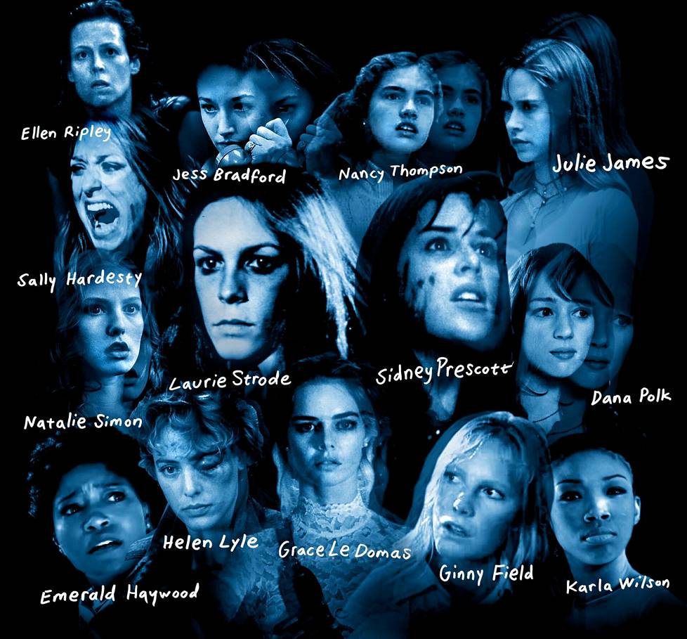 Kauhuelokuvien final girl -hahmoja eri vuosilta. Näyttelijöiden nimet löytyvät jutun lopusta.