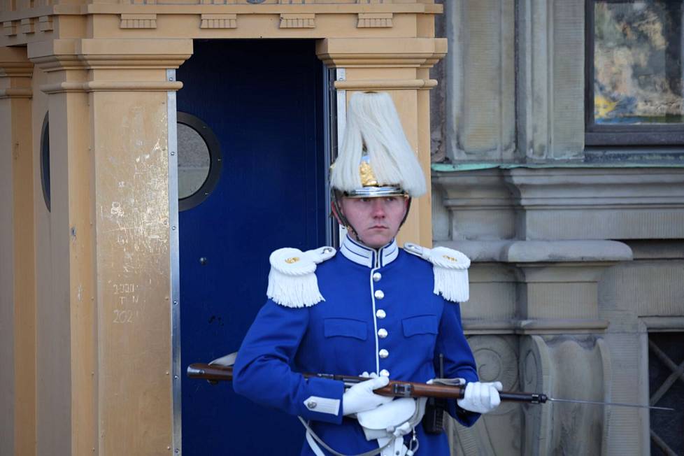 Sotilas vartiossa Kuninkaanlinnan pihalla.
