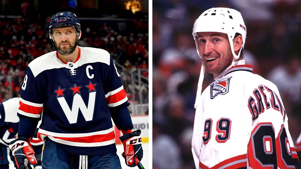 Washington Capitalsin Aleksandr Ovetškin ottelussa viime lauantaina ja Wayne Gretzky New York Rangersin paidassa uransa loppusuoralla vuonna 1998.