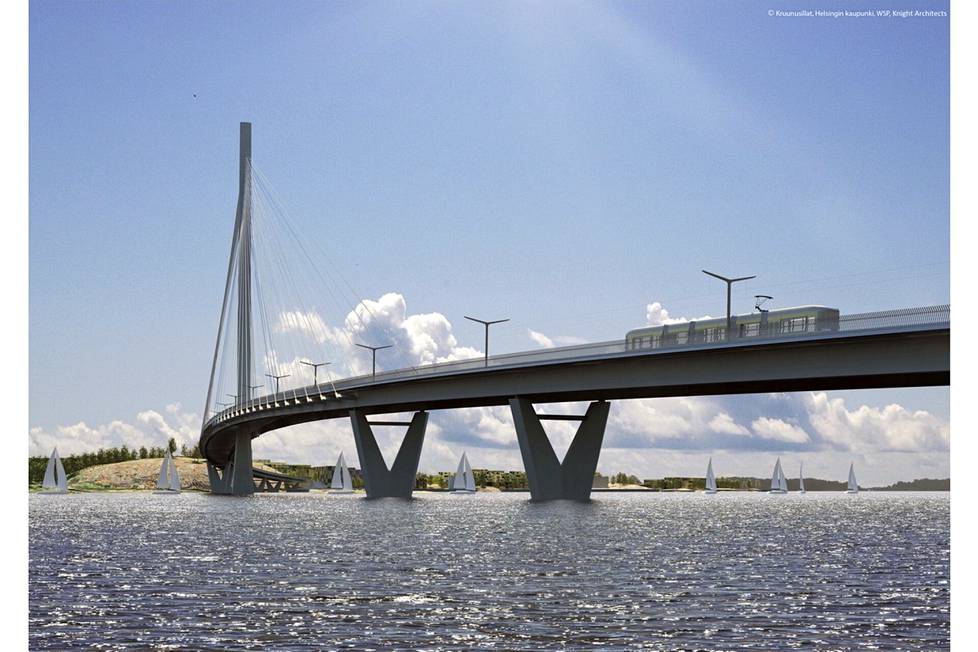 The observational picture shows the completed bridge and a tram driving on it in the sunshine outside of Helsinki.