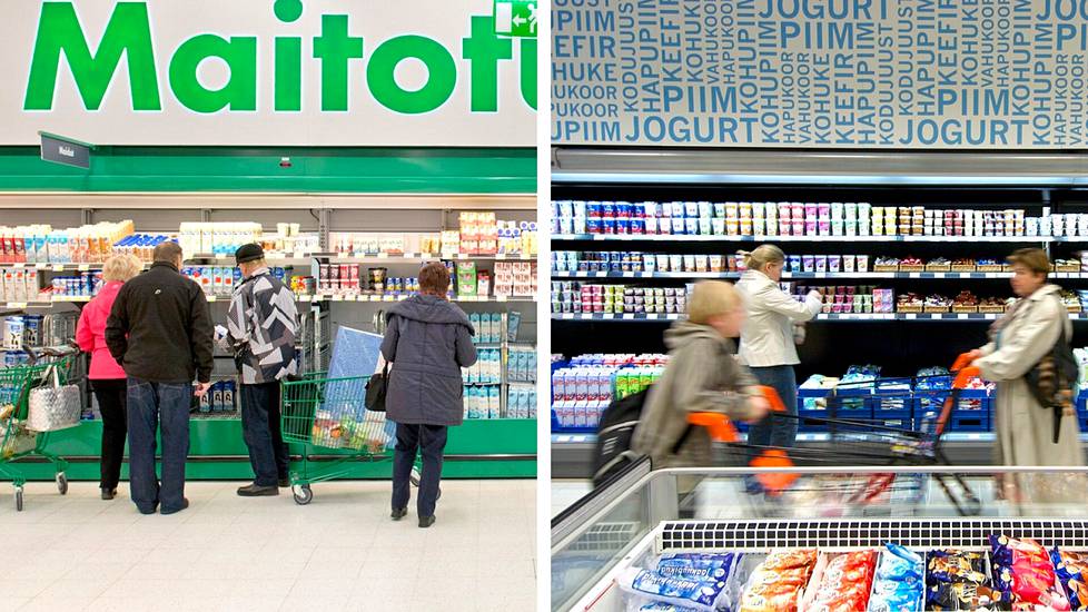 Hintavertailu osoitti, että maitotuotteet ovat yleisesti Virossa melko hintavia. Oikealla ruokakauppa Viru-keskuksessa Tallinnassa ja vasemmalla maitohylly oululaisessa Limingantullin Prismassa.