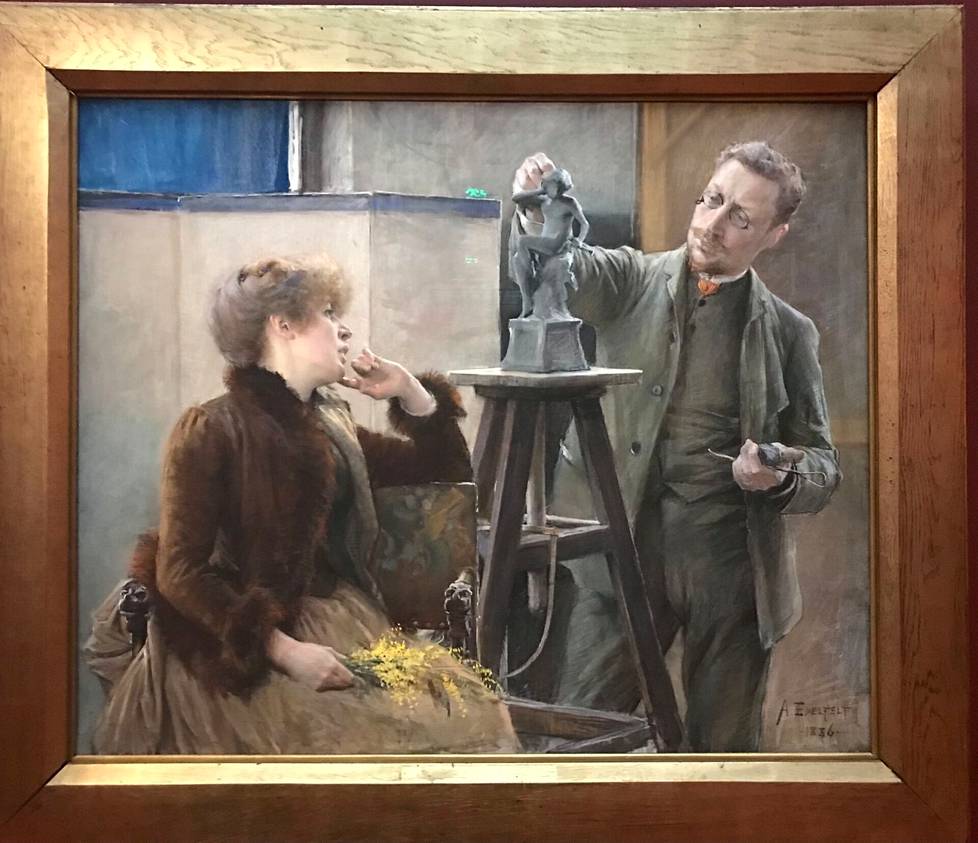 Kuvanveistäjä Ville Vallgren ja hänen puolisonsa taiteilija Antoinette Råström Albert Edelfeltin vuonna 1886 maalaamassa muotokuvassa. Vallgren oli Edelfeltin luotetuimpia ystäviä. Pastellimaalaus on saatu Ateneumin näyttelyyn lainaksi Göteborgin taidemuseosta. 