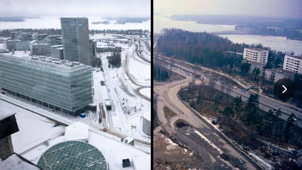 Vasemmalla osa Keilaniemeä tammikuussa 2022 ja oikealla osa Keilaniemeä ja Tapiolaa vuonna maaliskuussa 1992.